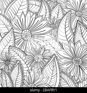 Monochrome Pattern with Floral Motifs. Texture with Flowers, Leaves etc. Natural Background in Doodle Line Style. Coloring Book Pagefor adult. Vector Stock Vector