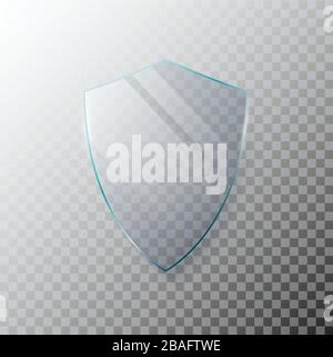 Glass transparent shield. Protective glass shield with reflection and glow on transparent background. Vector illustration Stock Vector