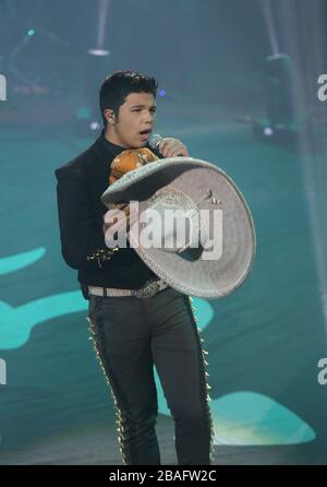 Pepe Aguilar cantante de musica popular mexicana, mariachi, durante su concierto en el palenque de la Feria de Leon Guanajuato el 17 de Enero del 2014 Stock Photo