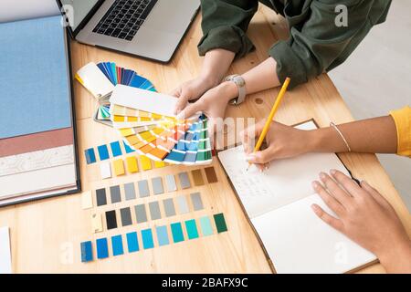 One of young female designers holding color palette over table while her colleague making notes during work over new order Stock Photo