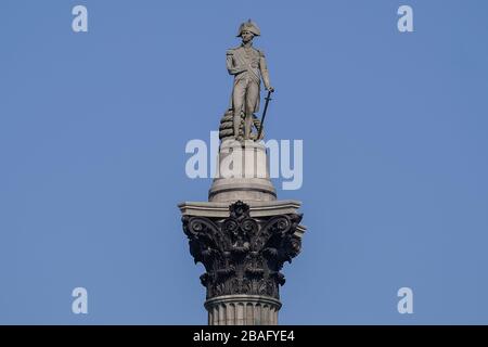 Nelson's Column in Trafalgar Square, London, as lockdown remains in place across the UK to help curb the spread of the coronavirus. Stock Photo