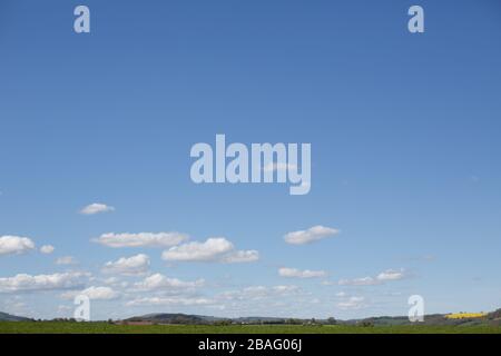 Fields and hills on a sunny day with bright blue sky and fluffy white clouds. Lots of negative space and copy space in sky. Stock Photo