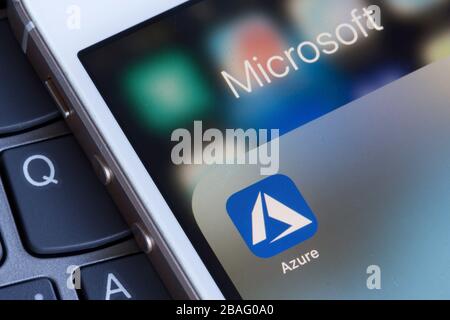 Azure mobile app icon closeup. Microsoft Azure is a cloud computing service for building, testing, deploying, and managing applications and services. Stock Photo