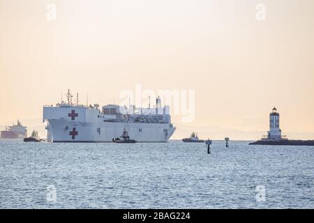 USNS Mercy navy hospital ship arrives at Port of Los Angeles in San Pedro, CA March 27, 2020 during Covid-19 crisis Stock Photo