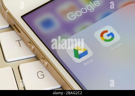 Google Drive mobile app is seen on a smartphone. Google Drive is a file storage and synchronization service developed by Google. Stock Photo