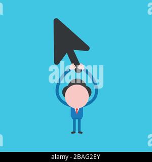 Vector illustration concept of businessman character holding up computer mouse cursor arrow. Blue background. Stock Vector