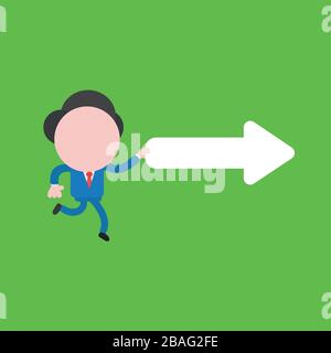 Vector illustration concept of businessman character running and holding right arrow. Green background. Stock Vector