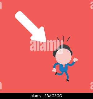 Vector illustration concept of businessman character running away from arrow moving down. Red background. Stock Vector