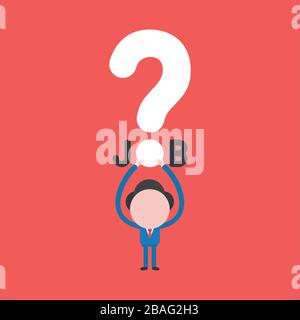 Vector illustration concept of businessman character holding up job word with question mark icon. Red background. Stock Vector