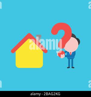 Vector illustration concept of businessman character with house and holding question mark. Blue background. Stock Vector