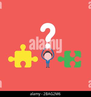 Vector illustration concept of businessman character with incompatible jigsaw puzzle pieces and holding up question mark. Red background. Stock Vector