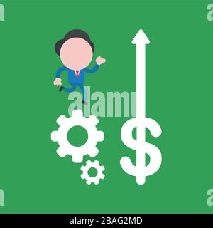 Vector illustration concept of businessman character running on gears and dollar with arrow moving up. Green background. Stock Vector