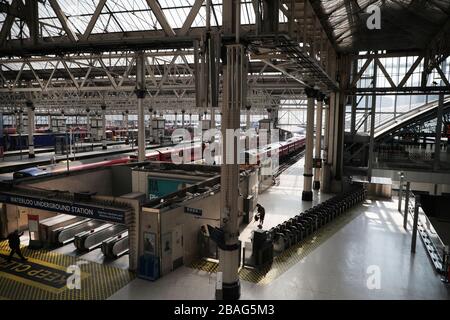 London, UK. 27th Mar, 2020. The Waterloo station is near empty after Prime Minister Boris Johnson imposed a national lockdown from the rapidly spreading Coronavirus Pandemic, in London on Friday, March 27, 2020. Prime Minister Boris Johnson announced today that he is self-isolating after testing positive for the coronavirus. Photo by Hugo Philpott/UPI Credit: UPI/Alamy Live News Stock Photo