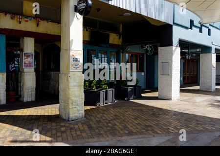 Tauranga New Zealand - March 27 2020; Empty city streets with closed businesses and no people on the street leaving an eerie feeling during the covid-