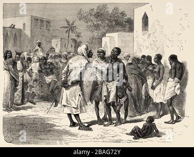 The slave market in Zanzibar, Tanzania, East Africa. The Last Journals of David Livingstone  Scottish missionary and explorer, 1866-1873. Old engravin Stock Photo