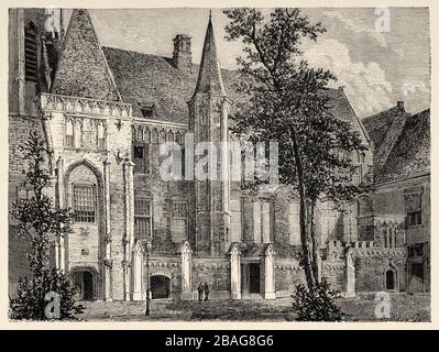 Middleburg library, Netherlands, Europe. Trip to the Zeeland 1873, by Charles De Coster. Old engraving El Mundo en la Mano 1878 Stock Photo