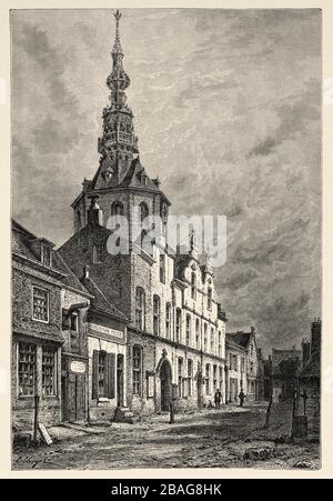 Town hall in Zierikzee, Netherlands, Europe. Trip to the Zeeland 1873, by Charles De Coster. Old engraving El Mundo en la Mano 1878 Stock Photo