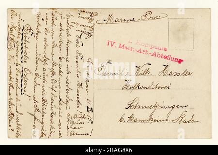 Reverse of German WW1 era postcard sent  by a Prussian Marine digging trenches to a family in Kasten, Bavaria, Germany dated 31 March 1915. Stock Photo