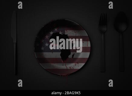 africa illustration bleeding on plate with USA colors, concept of how european satti exploit african wealth, Stock Photo