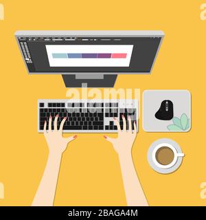 Scene of Using Computer PC with tools and coffee. Monitor screen of design software. Stock Vector