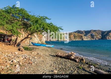 Taganga-Santa-Marta-Colombia, 29. February 2020: Taganga is a fishing village on the Caribbean coast in northern Colombia. The place is north of Santa Stock Photo