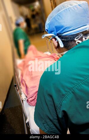 Image with perspective of following Medical Professionals in green scrubs pushing a gurney down hospital hallway with patient covered in pink blanket Stock Photo