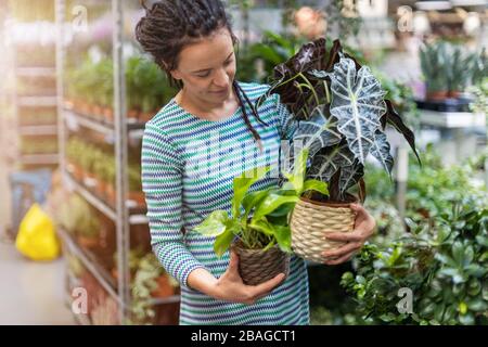 Woman shopping in plant store Stock Photo