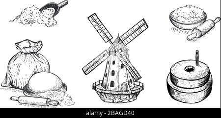 Set of flour, hand mill, windmill, wheat, grain, ingredients. Hand drawn vector illustration. Engraving style. Big set. Stock Vector