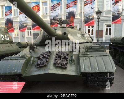 old tanks are exhibited during a military parade in Moscow Stock Photo