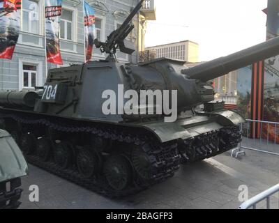 old tanks are exhibited during a military parade in Moscow Stock Photo