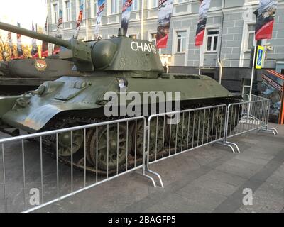 old tanks are exhibited during a military parade in Moscow Stock Photo