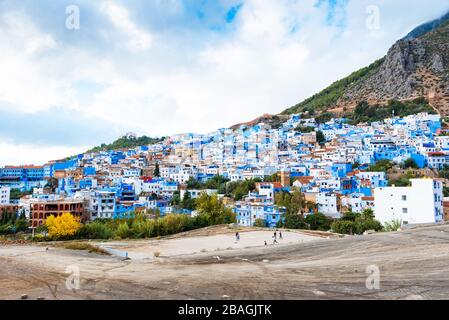 Chefchaouen, Morocco - November 4, 2019: View of the buildings of the blue city of Chefchaouen Stock Photo