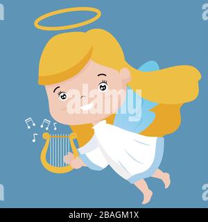 cute angel mascot character illustration with harp. design isolated on blue  background Stock Photo - Alamy