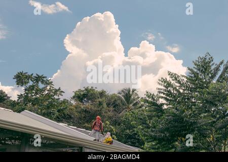 Masked men on top a tin roof outside on a clear day in Samal Island Stock Photo
