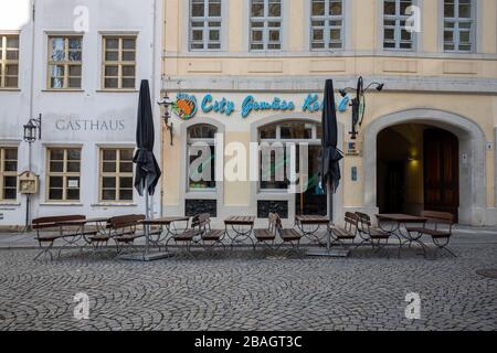 Leipzig, Germany, 03-27-2020, empty restaurants and shops in the city center because of Corona/ Barefoot alley ( Barfußgässchen) Stock Photo