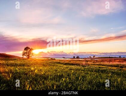 Beautiful landscape over a wide open green field and peaceful lake. Stock Photo