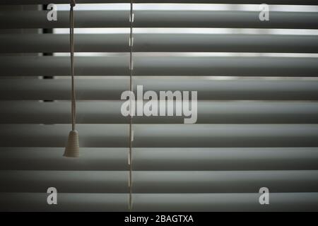 Closed shutters and rope, jalousie background, metal blinds Stock Photo