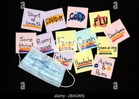 Symptoms of COVID-19, common cold, and flu on color sticky notes written on a black background. Pandemic Protection Concept. Stock Photo