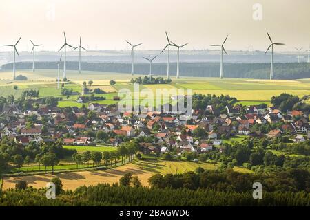 Community Essentho near Marsberg with wind wheels, 09.07.2013, aerial view, Germany, North Rhine-Westphalia, Sauerland, Marsberg Stock Photo