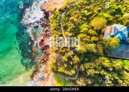 Steep cliff of Turiimetta head in Sydney - aerial top down view of waterfront. Stock Photo
