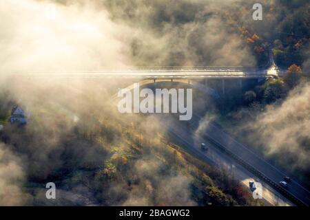 , fog over highway bridge on the motorway A46 near Arnsberg, 11.12.2013, aerial view, Germany, North Rhine-Westphalia, Sauerland, Arnsberg Stock Photo