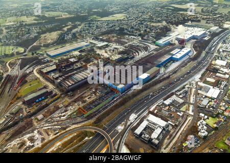 Industrial site of ThyssenKrupp Steel in Bochum between motorway A40 and Essener Strasse, 04.02.2015, aerial view, Germany, North Rhine-Westphalia, Ruhr Area, Bochum Stock Photo