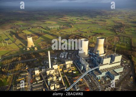 Construction site at the coal power station in the district Hamm-Uentrop with former nuclear power station atomic plant THTR-300, 04.01.2015, aerial view, Germany, North Rhine-Westphalia, Ruhr Area, Hamm Stock Photo