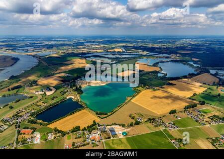 lake Ellerdonksee, construction project, Droegenkamp, Bislicher Strasse, Rhine, 01.08.2019, aerial view, Germany, North Rhine-Westphalia, Ruhr Area, Wesel Stock Photo