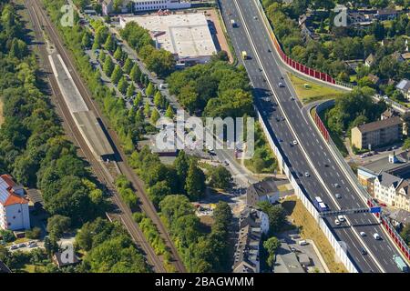 , Station Wattenscheid, motorway A40 and street Fritz-Reuter-Strasse, 05.09.2013, aerial view, Germany, North Rhine-Westphalia, Ruhr Area, Bochum Stock Photo