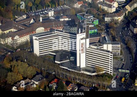 high-rise tower Ruhrturm, the former EON headquarters in the city of Essen, 20.11.2013, aerial view, Germany, North Rhine-Westphalia, Ruhr Area, Essen Stock Photo