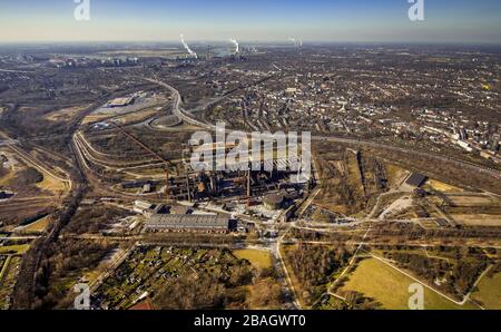 , former steel plant in the Landscape Park Duisburg Nord, 12.03.2015, aerial view, Germany, North Rhine-Westphalia, Ruhr Area, Duisburg Stock Photo