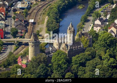 , castle Altena, oldest youth hostel of the world, 20.08.2014, aerial view, Germany, North Rhine-Westphalia, Sauerland, Altena Stock Photo