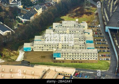 , Containers of the Hochschule Ruhr West, HRW, 04.02.2015, aerial view, Germany, North Rhine-Westphalia, Ruhr Area, Muelheim/Ruhr Stock Photo