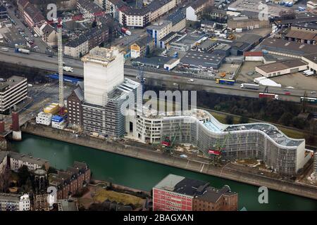 NRW State Archives building on a former wharf site of the Duisburg inner harbour, 20.02.2012, aerial view, Germany, North Rhine-Westphalia, Ruhr Area, Duisburg Stock Photo